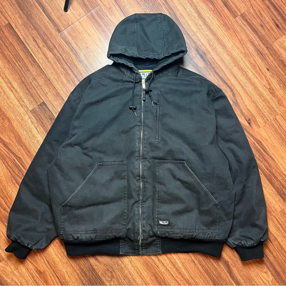 Walls Chore Coat Mens 2XL Black Canvas Hooded Jacket Zip Faded Grunge Y2K